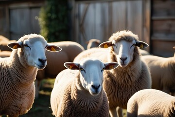 Fototapeta premium Three Colorful Sheep Watching from Behind in a Rustic Farm Landscape