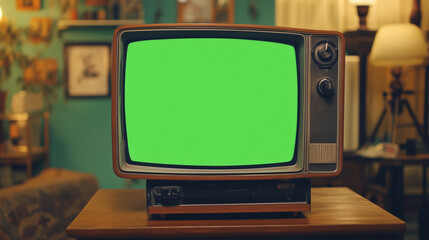 Retro television with a green screen, ideal for media and broadcasting mockups.
