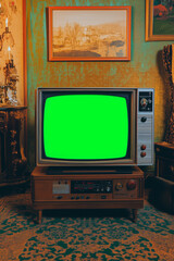 Retro setting with a vintage television on a wooden stand, ideal for nostalgic themes.