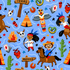 Bright cheerful children seamless vector pattern with American native indians and western cowboy from wild west rural Landscape. Childish background. Cheerful characters with animals and plants.