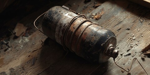 Rusty metal object on wooden surface.