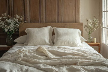 A Luxurious Bed Dressed in Crisp White Linens Beckons for a Restful Sleep. Sunlight Streams Through the Window, Casting a Warm Glow on the Inviting Bedding.