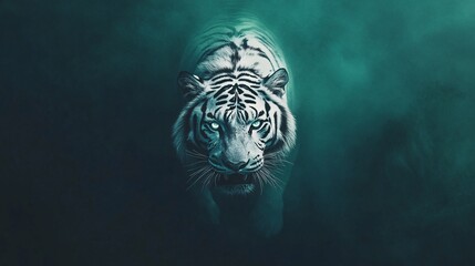 Majestic white tiger emerging from dark, ethereal mist, showcasing its piercing blue eyes.