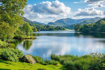 Obraz premium Tranquility Embodied: A Serene Lake Reflecting Lush Greenery and a Sky Painted with White Clouds in the Heart of the Lake District.