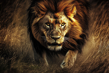 Naklejka premium A Lion's Intense Gaze: The king of the jungle stalks its prey in the savannah, a fierce hunter poised to strike.