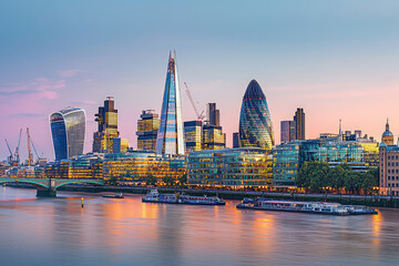 Fototapeta premium London's Skyline Glows at Dusk, Reflecting in the Serene Thames River.