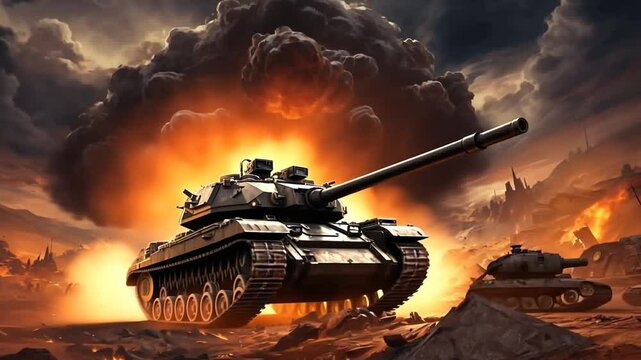 Tank Battle in a War-Torn Landscape With Explosions at Dusk Generative AI