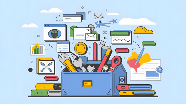 Productivity Tools: A digital toolkit filled with various software icons and apps, symbolizing productivity tools in business.