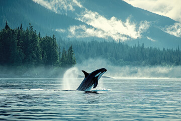 Fototapeta premium A Majestic Orca Leaps Through the Mist, A Moment of Wild Grace Against a Mountainous Backdrop