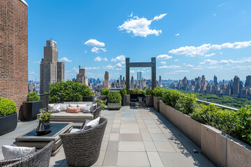 Fototapeta premium Luxurious Rooftop Terrace with Stunning Cityscape and Tranquil Greenery