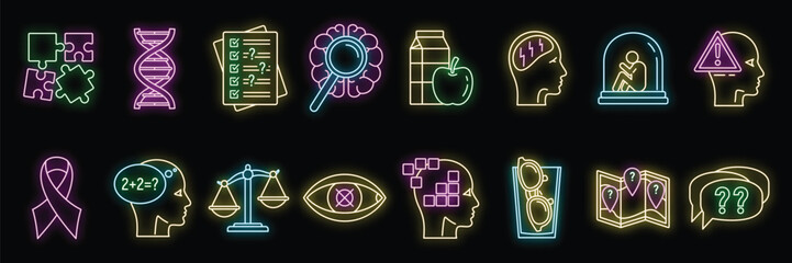 Glowing neon icons representing concepts related to psychology, mental health, and cognitive processes