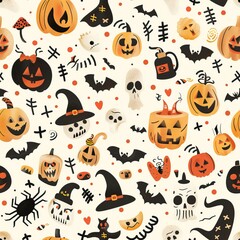 Halloween-themed pattern with pumpkins, ghosts, and spooky elements. AI generated image. Colorful Doodle Background