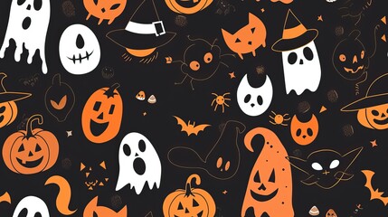 Halloween-themed pattern with pumpkins, ghosts, and spooky elements. AI generated image. Colorful Doodle Background