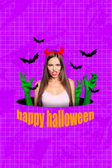 Vertical photo collage of angry girl wear devil horns headband zombie alive monster hands halloween occult isolated on painted background
