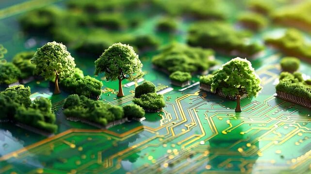 Tree growing on a circuit board, Symbolizing the fusion of technology and nature, Green computing, Green technology	