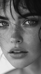 Naklejka premium Jeune femme brune avec un regard captivant et une lumière douce