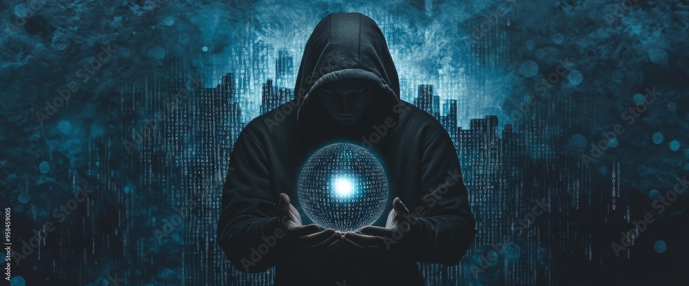 Poster a blurred hacker man's hand isolated on black with flare ray flash effect. cyber security hacking co
