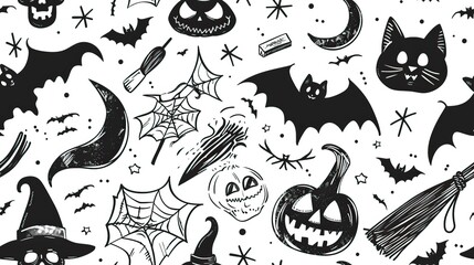 A Halloween-themed pattern with bats, cats, and spooky objects. AI generated image doodle background
