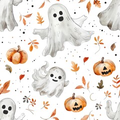 Friendly ghosts and Halloween-themed decorations in a playful pattern. AI generated image doodle Background