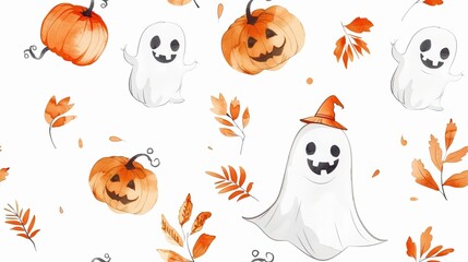 Naklejka premium Friendly ghosts and Halloween-themed decorations in a playful pattern. AI generated image doodle Background