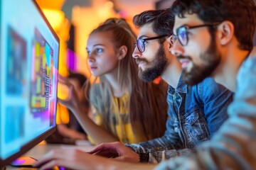 Young business crew working on project with young startup. Desktop computers on wood table. Blurred background. Horizontal.