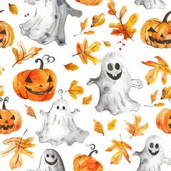 Friendly ghosts and Halloween-themed decorations in a playful pattern. AI generated image doodle Background