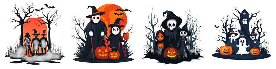 Spooky Halloween illustrations featuring ghosts, witches, and pumpkins in a dark, eerie landscape with bats and tombstones.