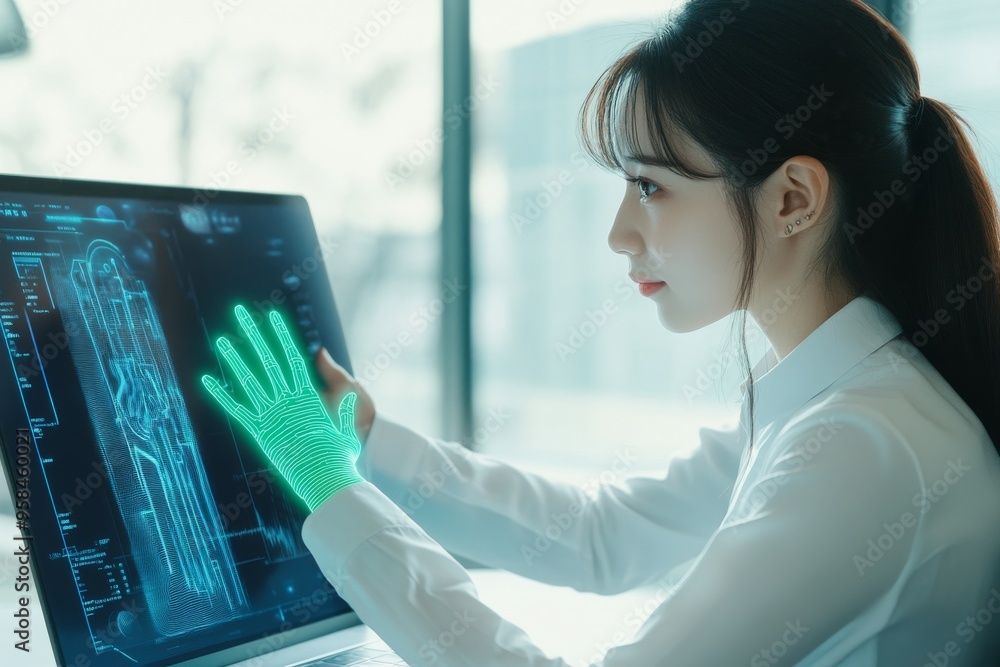 Poster an image of a sophisticated businesswoman handing a stock handshake from a laptop computer. a concep