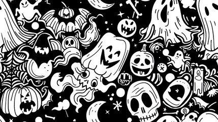 Halloween-themed illustration featuring pumpkins, ghosts, and skulls - AI generated image. Doodle Background