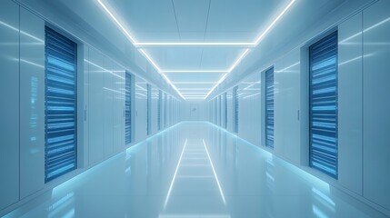Data center server room, rows of server racks, soft blue LED lights, long corridor perspective, high-tech infrastructure, network storage, cloud computing concept.