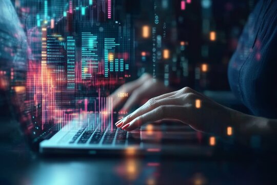 A closeup of an accountant or crypto trader reading a chart with digital overlay to work on growth in economy or investment.