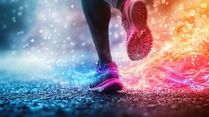 Dynamic runner in vibrant shoes creating a colorful, energetic trail. Perfect for fitness, athleticism, and motivation themes.