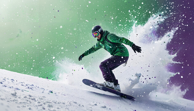 Aventure en snowboard sur une pente enneig&eacute;e