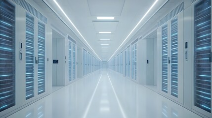 Data center server room, rows of server racks, soft blue LED lights, long corridor perspective, high-tech infrastructure, network storage, cloud computing concept.