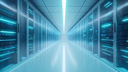 Data center server room, rows of server racks, soft blue LED lights, long corridor perspective, high-tech infrastructure, network storage, cloud computing concept.