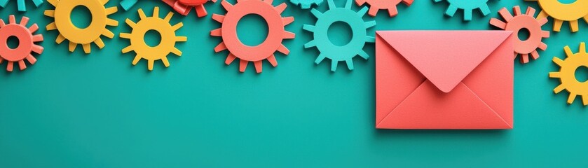 Colorful gears surround a vibrant envelope on a teal background, symbolizing creativity and communication in a playful design.