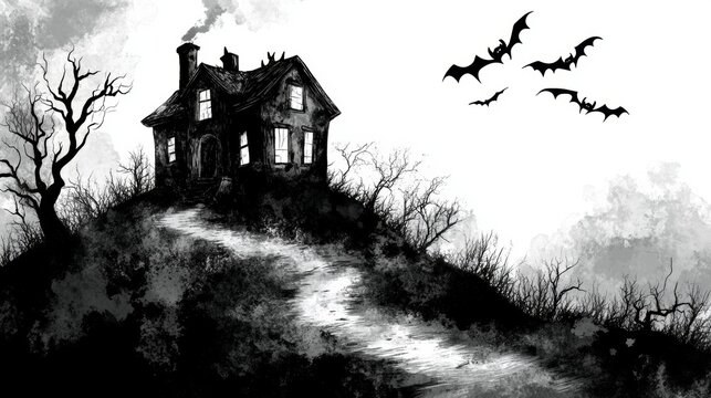 A creepy Halloween illustration of an old, decrepit house standing alone at the end of a long, winding path. The house is haunted, with shattered windows, a sagging roof, and an overgrown garden that