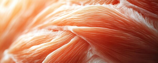 Close-up view of delicate, textured fibers resembling soft muscle tissue in warm tones, emphasizing intricate detail and natural beauty.