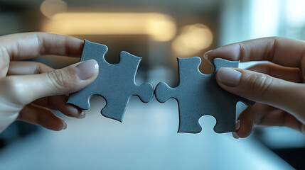 Close-up of hands joining two puzzle pieces with a clean, blurred office background, highlighting collaboration and task completion.