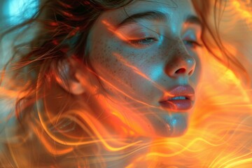 Fototapeta premium Surreal portrait of woman surrounded by vibrant, fiery light trails, blending blue and orange hues in ethereal scene, mental health and headache concept, evoking feelings of chaos and distress