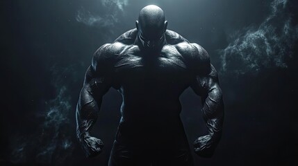 Powerful figure standing in shadows, exuding strength and determination with dramatic lighting creating an intense atmosphere.
