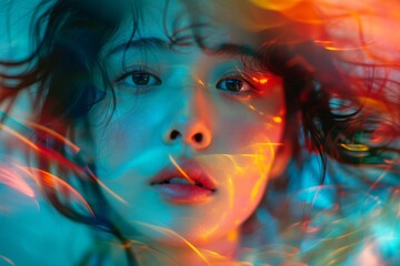 Fototapeta premium Close up portrait of asian woman highlighted by dramatic and vibrant lighting, creating captivating and ethereal atmosphere capturing moment of introspective serenity
