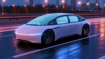 Fototapeta premium 3D Visualization of Autonomous Self-Driving Car Moving Through City Highway. Sensor scanning the road ahead for vehicles, dangers, and speed limits. Day Urban Driveway. Front Following View.