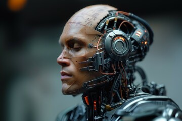 Fototapeta premium Side profile portrait of cybernetic human face with advanced mechanical implants, showcasing fusion of human and robotic elements, representing the merging of man and machine
