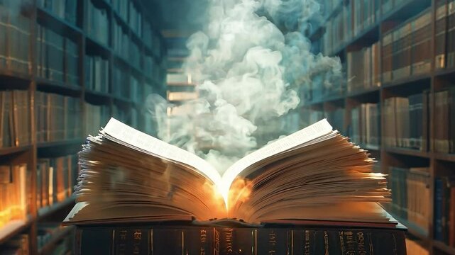 Education learning concept, Book in library with old open textbook, Stack piles of literature text archive on reading desk, Aisle of bookshelves in school study class room background for academic	