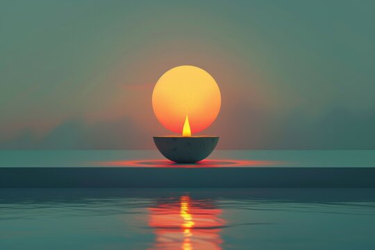 Indian Diya lamp candle burning on floor at calm background, creating serene and peaceful atmosphere, symbolizing inner tranquility and spiritual reflection