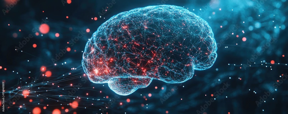 Poster a futuristic digital brain illustration representing neural networks and cognitive technology in a v
