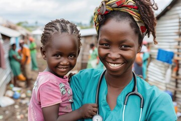 Smiling Healthcare Worker Holds Happy Child in Rural Community Setting