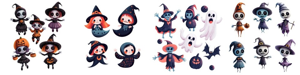 Whimsical Halloween-themed characters featuring witches, ghosts, and playful spirits, perfect for festive designs.