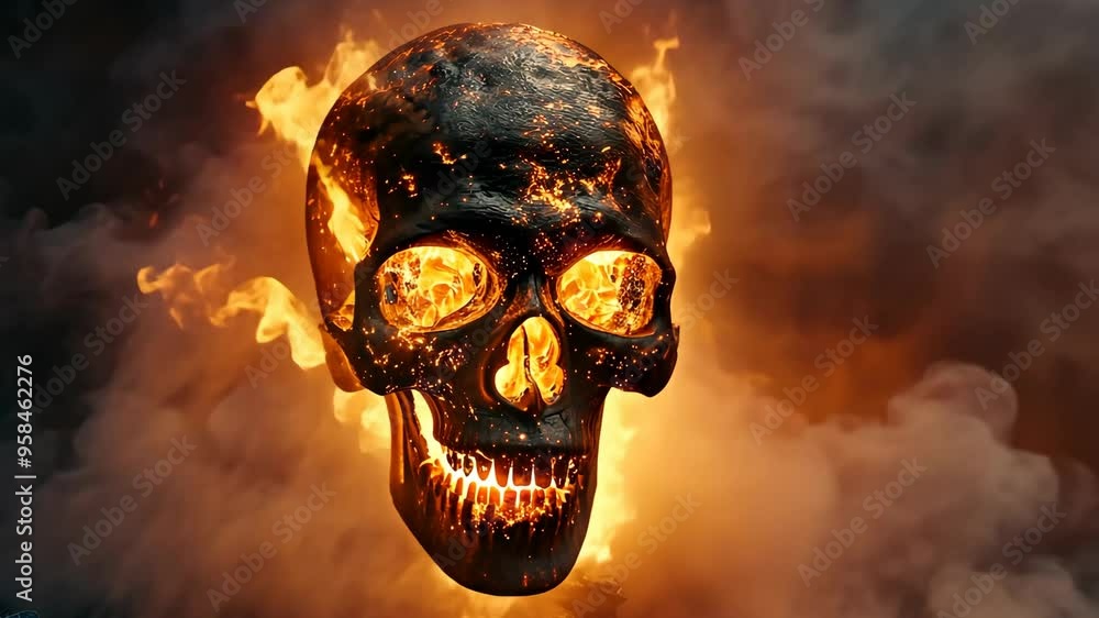 Poster exploring a fiery skull amidst intense flames in a dramatic visual display